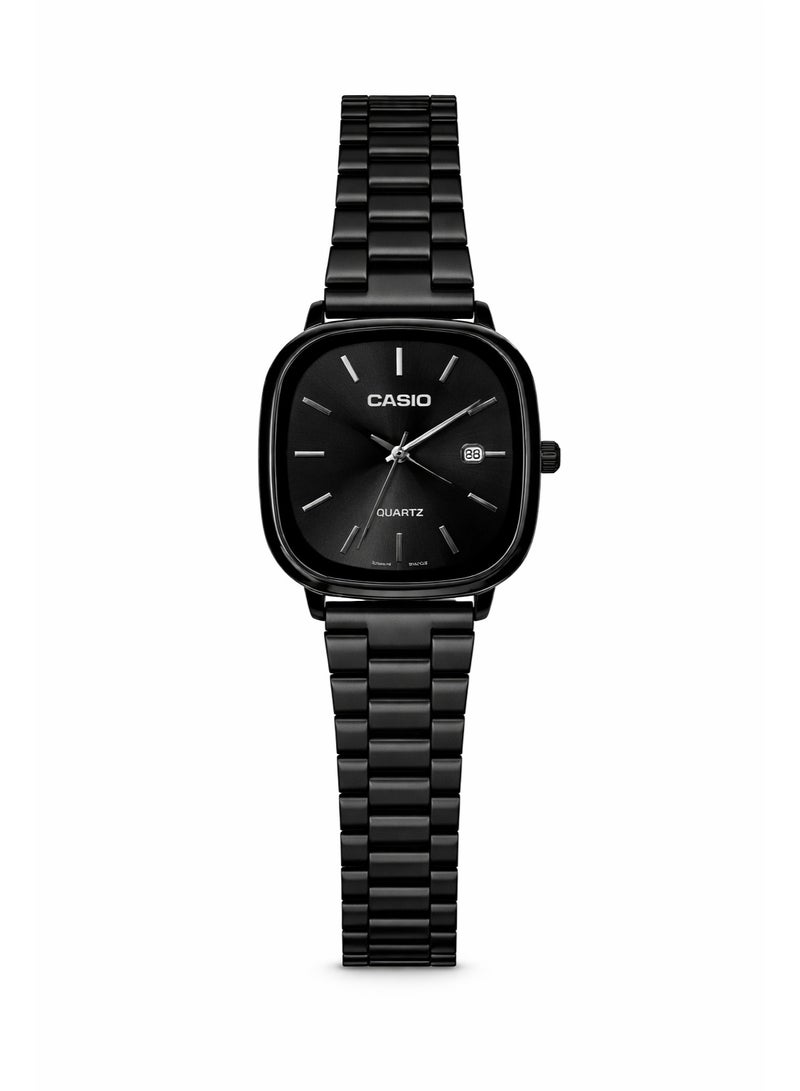 ساعة كاسيو رجالية مربعة باللون الأسود من الفولاذ المقاوم للصدأ بمينا سوداء وعرض التاريخ